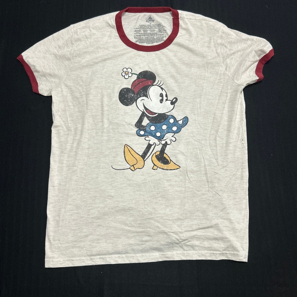 Disney Minnie Mouse Ringer T-Shirt XL Heather Gray Red Trim Vintage Style Tee